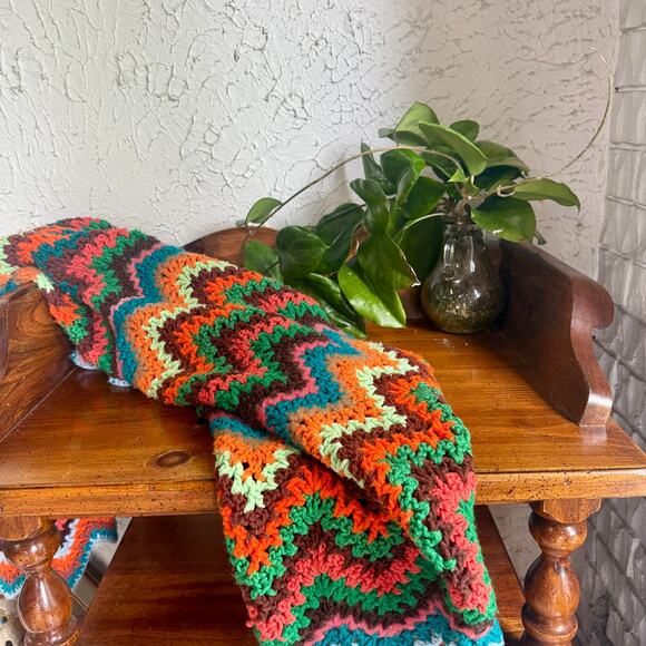Source Unknown Other - Vintage Handmade Crochet Afghan Throw Blanket Zig Zag Ripple Boho Retro 48x44